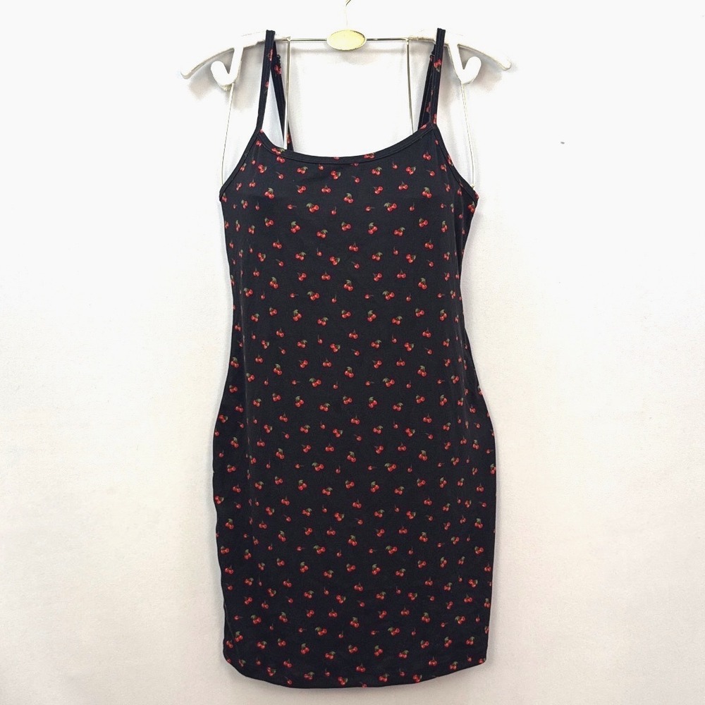 Love Soho Womens Black Cherry Print Bodycon Mini Dress Adjustable Straps Size M